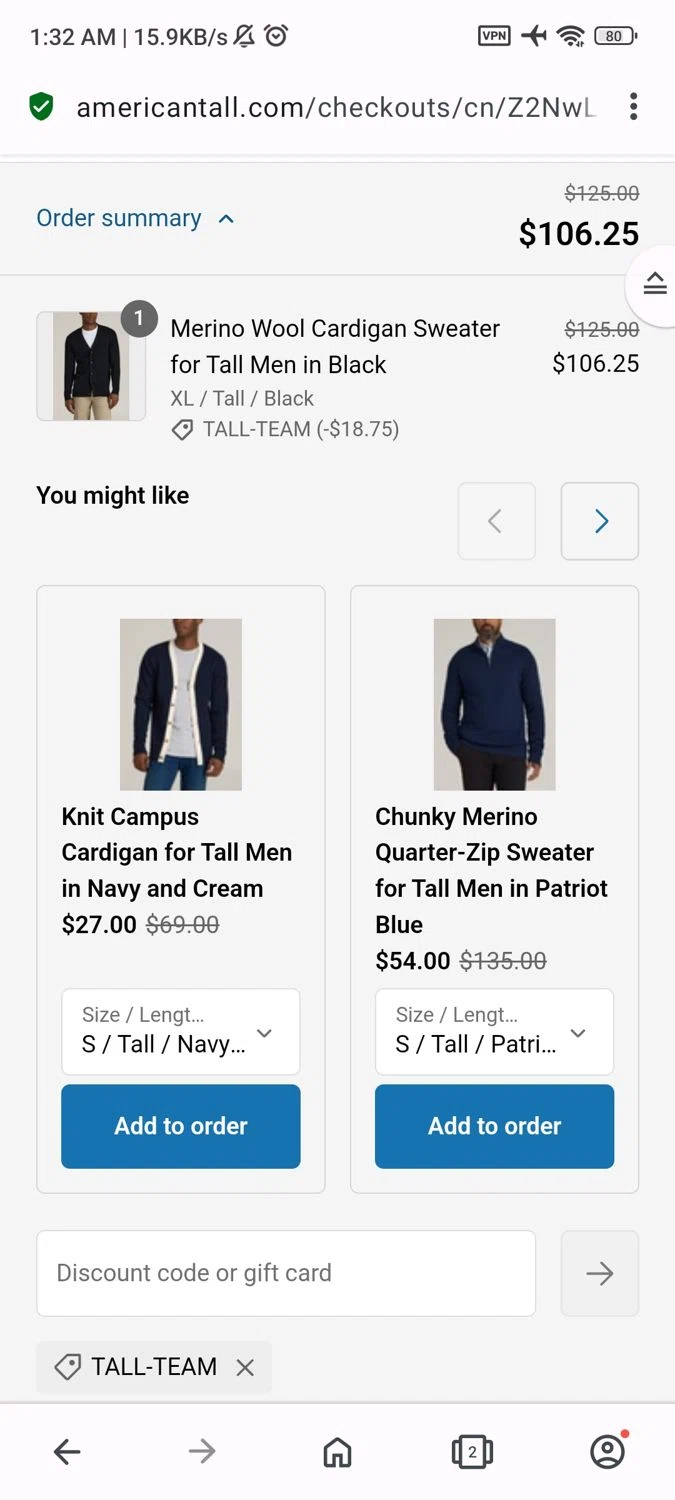 American Tall discount code screenshot showing code TALL-TEAM applied at American Tall checkout page. Uploaded by SimplyCodes community member GoldChaser6627 on Feb 3, 2025