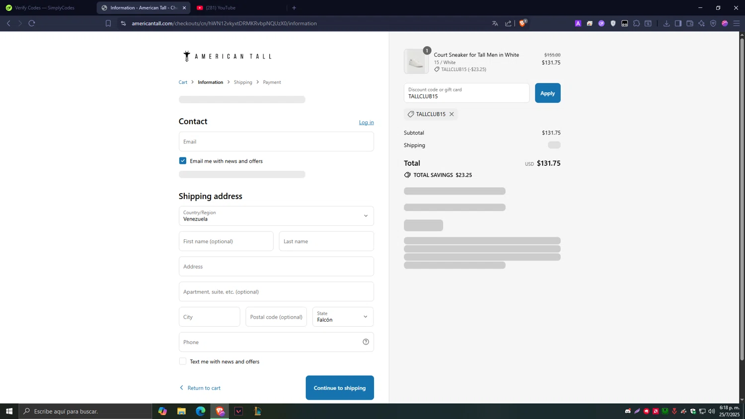 American Tall discount code screenshot showing code TALLCLUB15 applied at American Tall checkout page. Uploaded by SimplyCodes community member Tragedy on Jul 25, 2025
