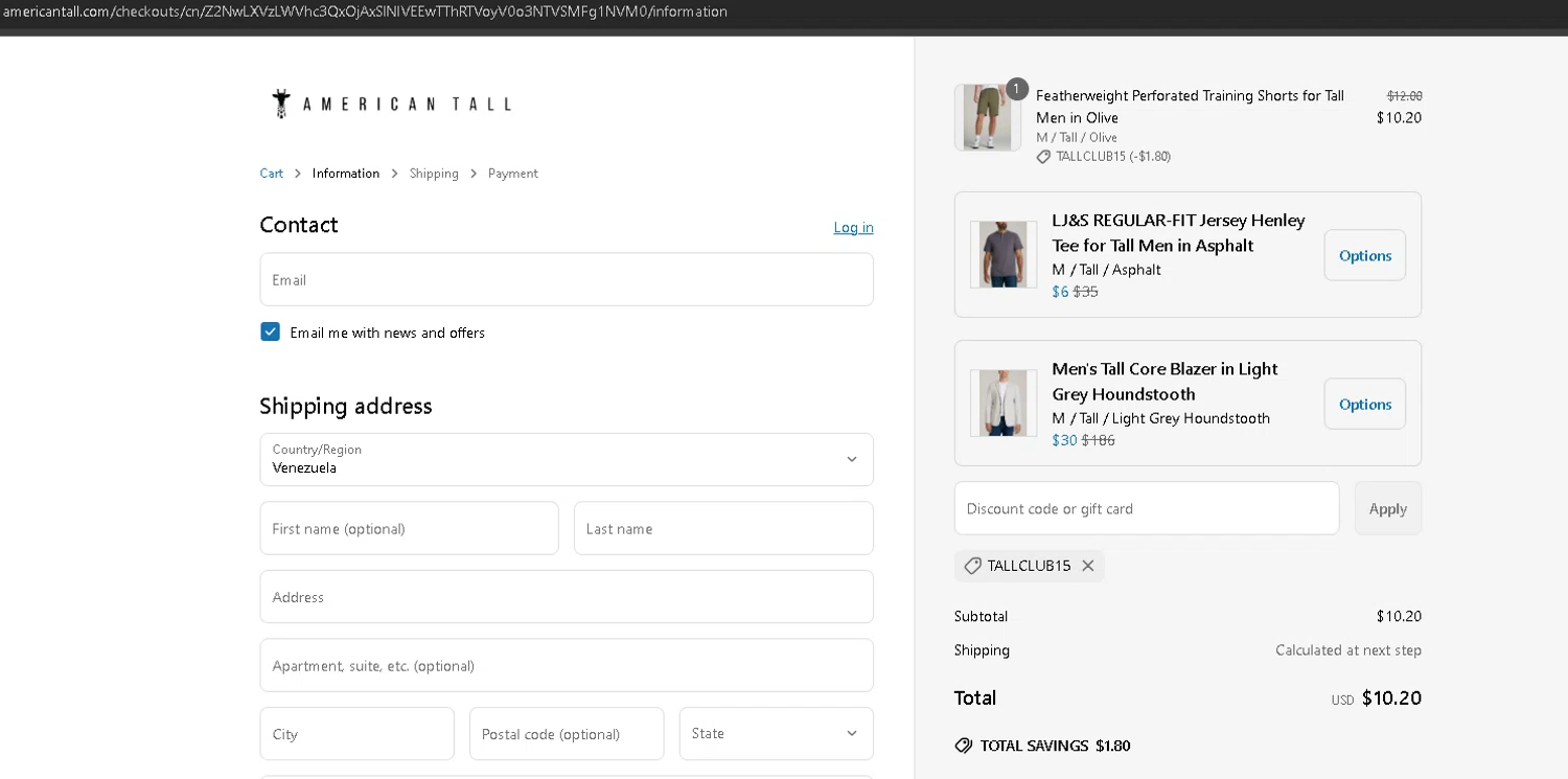 American Tall discount code screenshot showing code TALLCLUB15 applied at American Tall checkout page. Uploaded by SimplyCodes community member anleo1225 on Apr 23, 2025