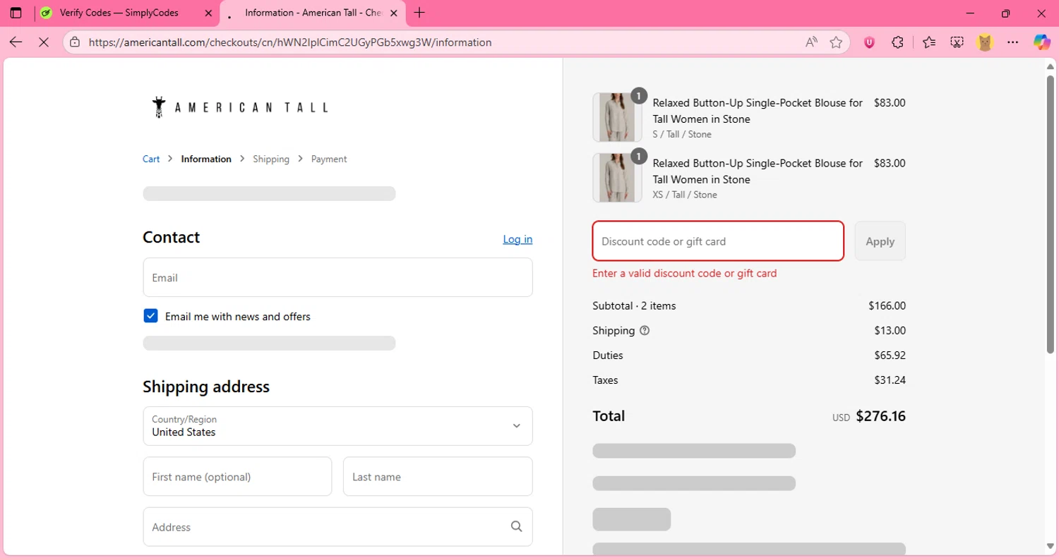 American Tall discount code screenshot showing code 20FORYOU applied at American Tall checkout page. Uploaded by SimplyCodes community member JumanjiValentino on Aug 28, 2025