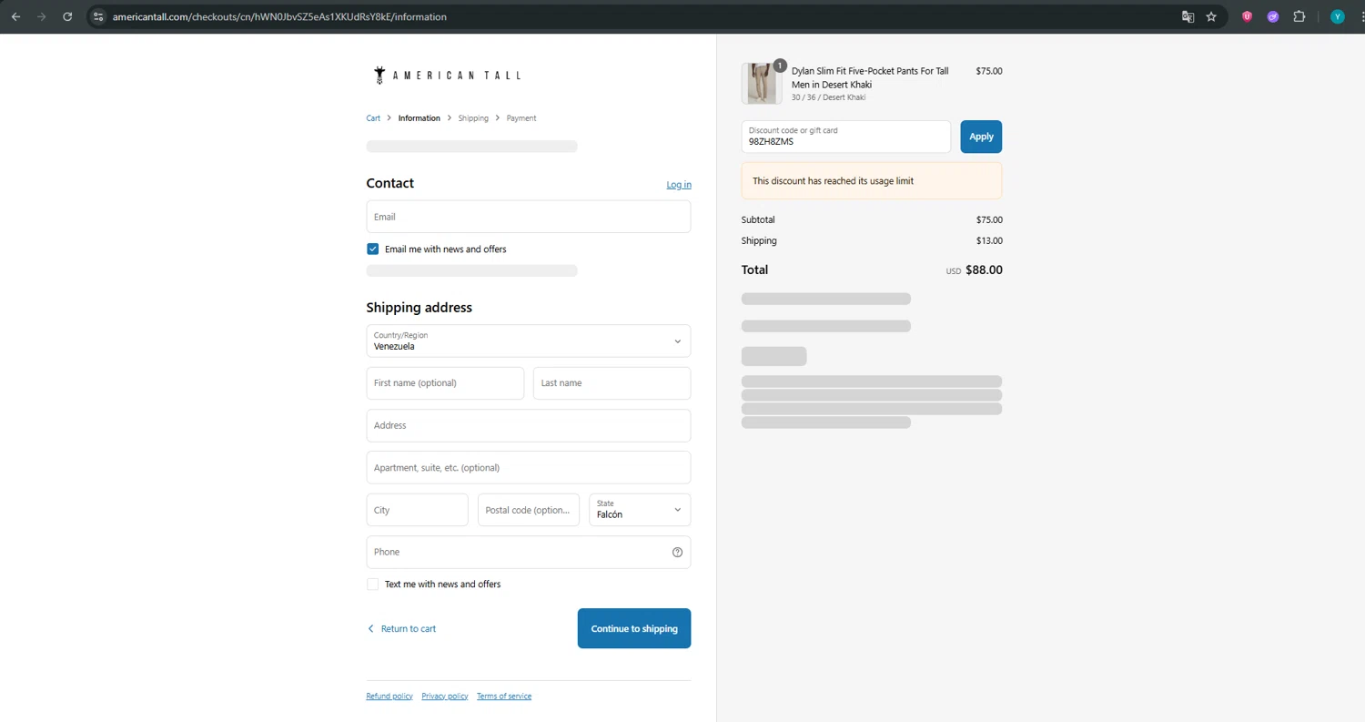 American Tall discount code screenshot showing code 98ZH8ZMS applied at American Tall checkout page. Uploaded by SimplyCodes community member ValueTiger695 on Jul 6, 2025