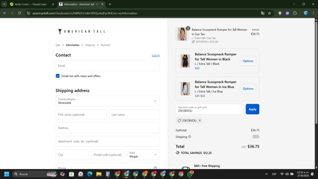 American Tall checkout page showing American Tall discount code box | Screenshot taken by SimplyCodes community member on Aug 27, 2025