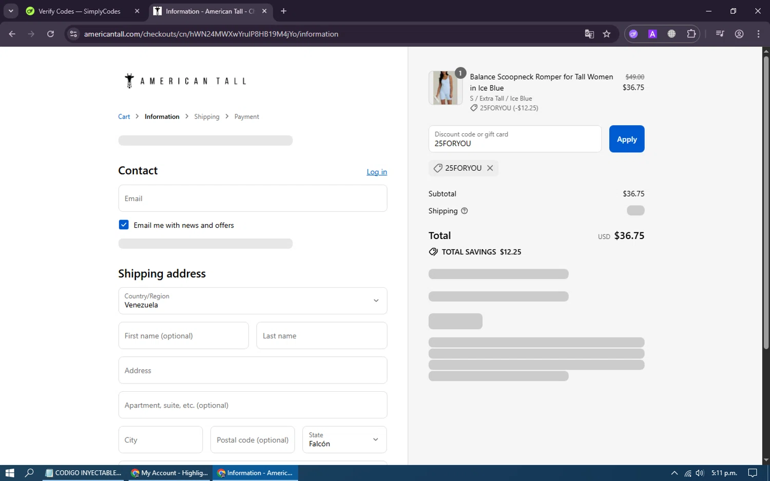 American Tall discount code screenshot showing code 25FORYOU applied at American Tall checkout page. Uploaded by SimplyCodes community member MoneyHawk1631 on Aug 21, 2025