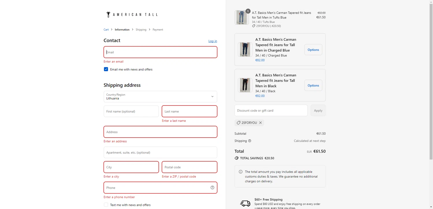 American Tall discount code screenshot showing code 25FORYOU applied at American Tall checkout page. Uploaded by SimplyCodes community member RewardTitan728 on Aug 23, 2025