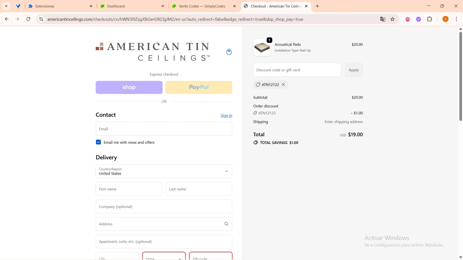 American Tin Ceilings discount code screenshot showing code ATN12122 applied at American Tin Ceilings checkout page. Uploaded by SimplyCodes community member FortunateFinder9465 on Sep 23, 2025
