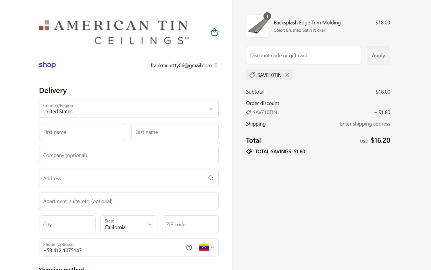American Tin Ceilings discount code screenshot showing code SAVE10TIN applied at American Tin Ceilings checkout page. Uploaded by SimplyCodes community member BrilliantVoyager5752 on Sep 2, 2025