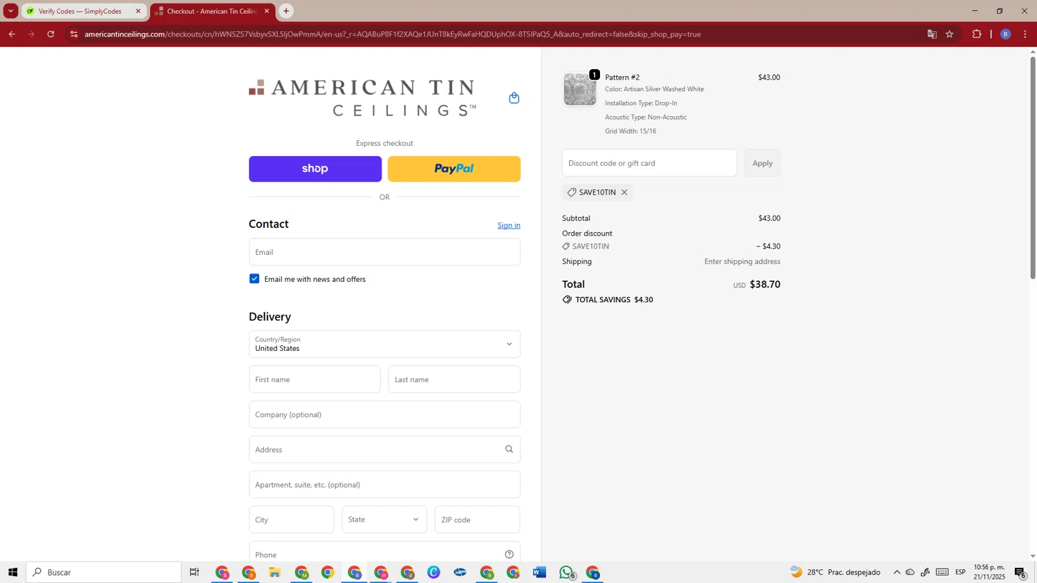 American Tin Ceilings discount code screenshot showing code SAVE10TIN applied at American Tin Ceilings checkout page. Uploaded by SimplyCodes community member TokenSentinel5304 on Nov 22, 2025