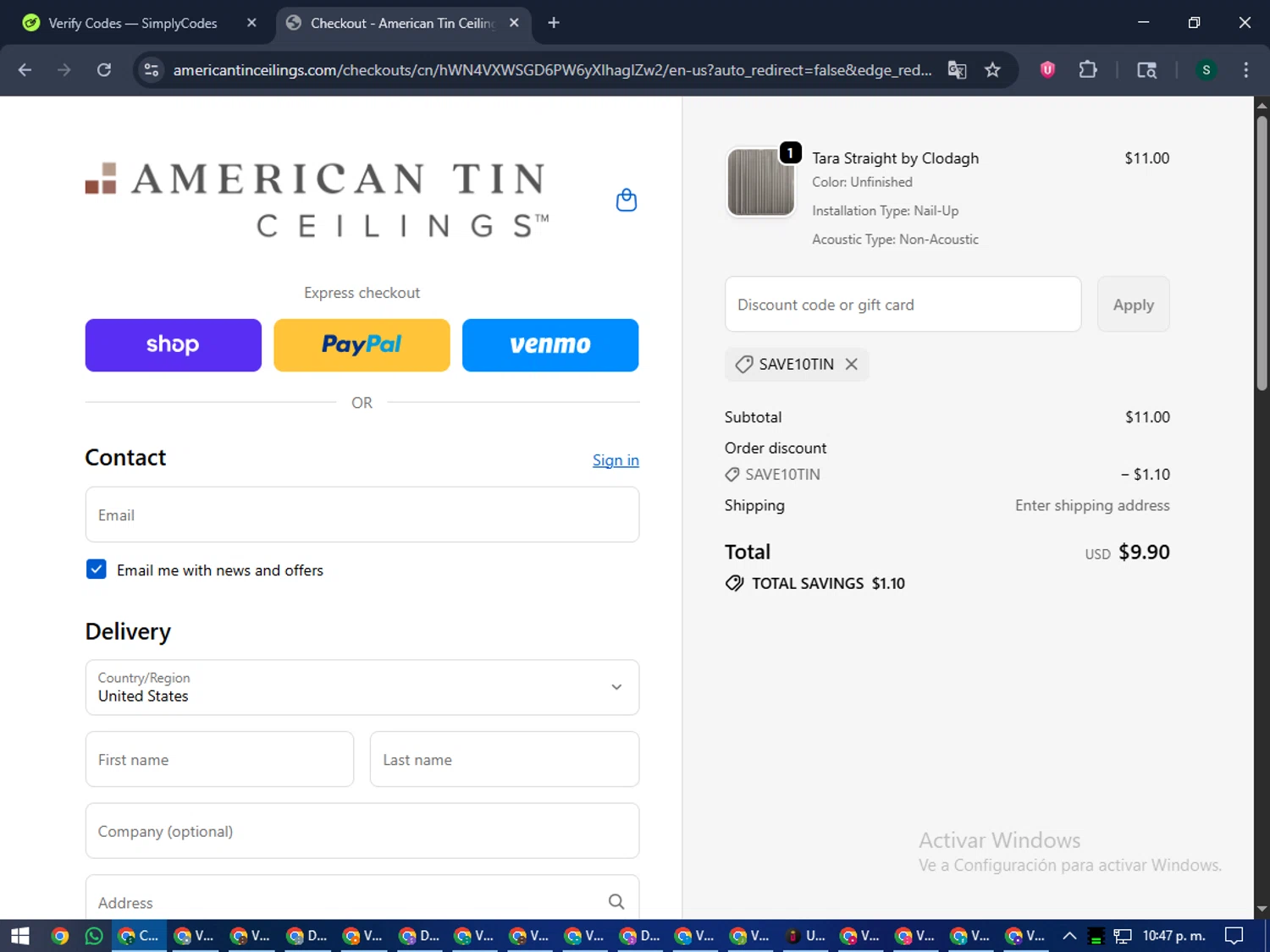 American Tin Ceilings discount code screenshot showing code SAVE10TIN applied at American Tin Ceilings checkout page. Uploaded by SimplyCodes community member lilMosey on Oct 25, 2025