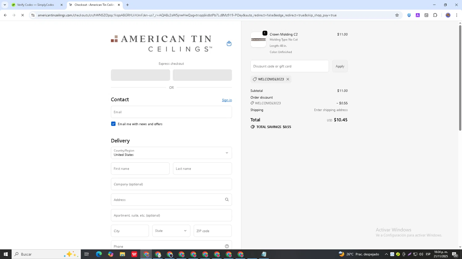 American Tin Ceilings discount code screenshot showing code WELCOME63023 applied at American Tin Ceilings checkout page. Uploaded by SimplyCodes community member Papotico on Nov 22, 2025