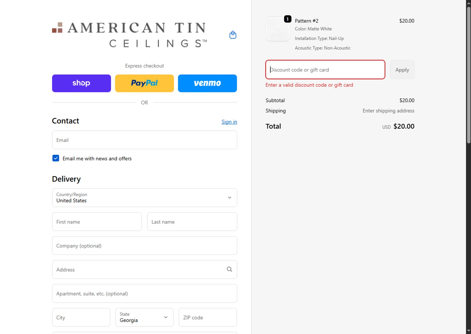 American Tin Ceilings discount code screenshot showing code STND10PREM applied at American Tin Ceilings checkout page. Uploaded by SimplyCodes community member MagnificentFalcon188 on Oct 1, 2025