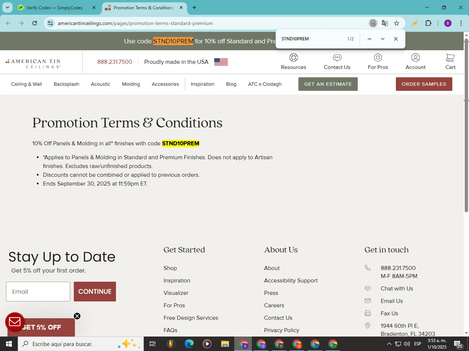 American Tin Ceilings discount code screenshot showing code STND10PREM applied at American Tin Ceilings checkout page. Uploaded by SimplyCodes community member Soyvictor on Oct 1, 2025