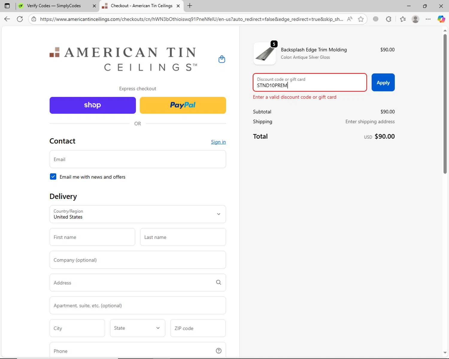 American Tin Ceilings discount code screenshot showing code STND10PREM applied at American Tin Ceilings checkout page. Uploaded by SimplyCodes community member jechtff10 on Oct 1, 2025