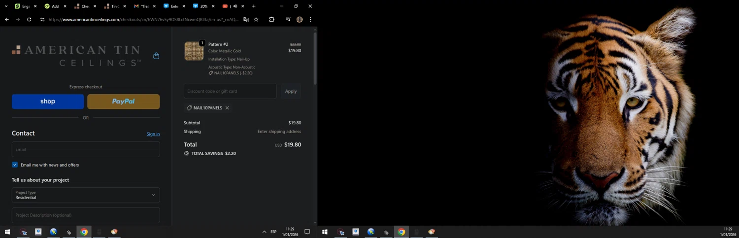 American Tin Ceilings discount code screenshot showing code NAIL10PANELS applied at American Tin Ceilings checkout page. Uploaded by SimplyCodes community member MarcosAranguren on Jan 1, 2026