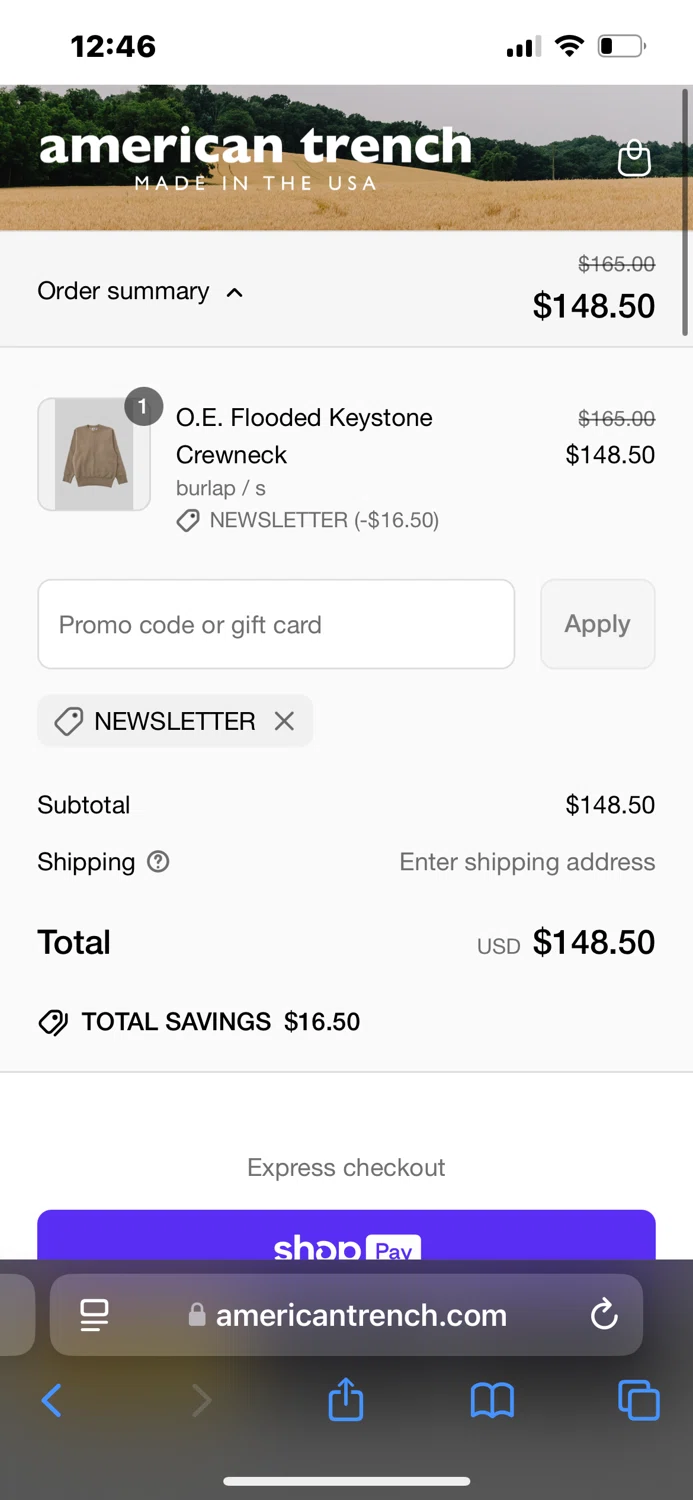 American Trench discount code screenshot showing code NEWSLETTER applied at American Trench checkout page. Uploaded by SimplyCodes community member robertic0x10 on Mar 26, 2025