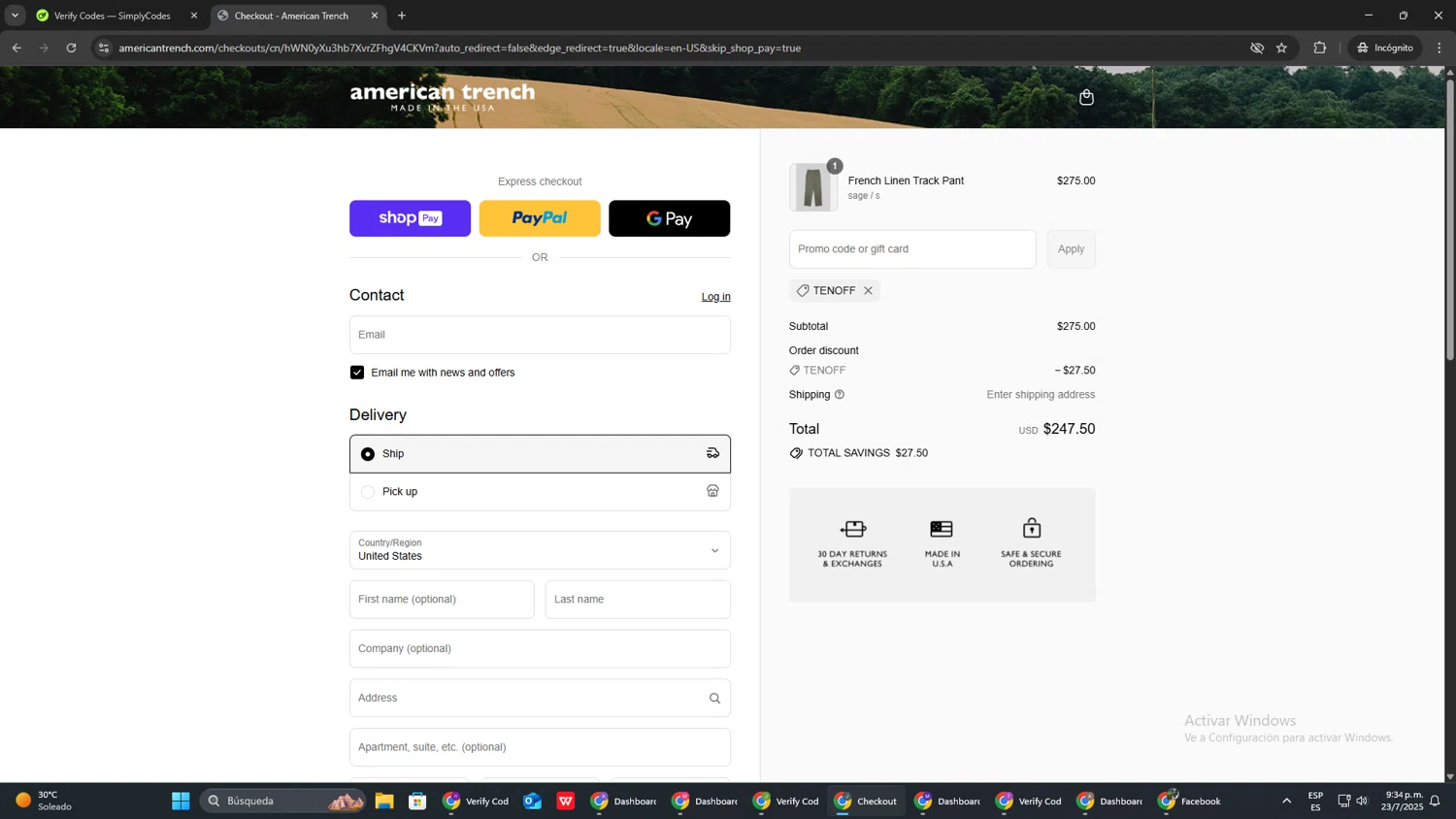 American Trench discount code screenshot showing code TENOFF applied at American Trench checkout page. Uploaded by SimplyCodes community member AVATIGRITO on Jul 24, 2025