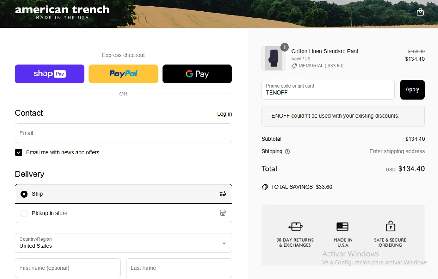 American Trench discount code screenshot showing code TENOFF applied at American Trench checkout page. Uploaded by SimplyCodes community member Gary_23 on May 27, 2025