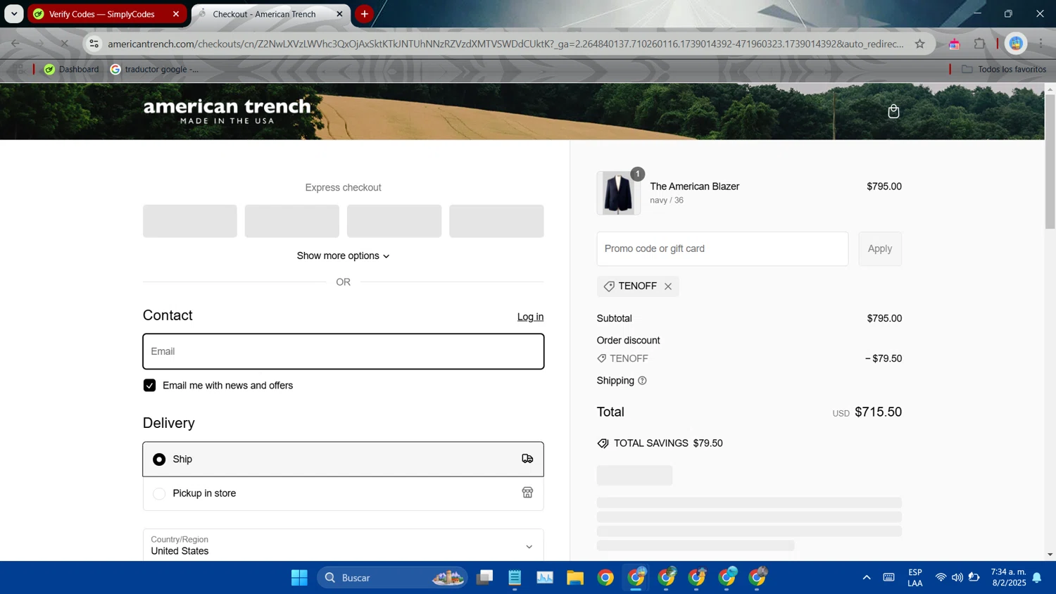 American Trench discount code screenshot showing code TENOFF applied at American Trench checkout page. Uploaded by SimplyCodes community member RoyalWizard9134 on Feb 8, 2025