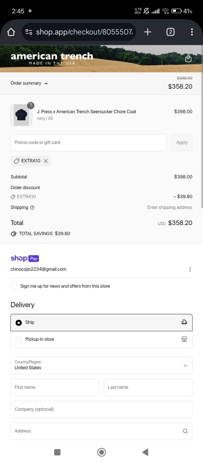American Trench discount code screenshot showing code extra10 applied at American Trench checkout page. Uploaded by SimplyCodes community member Lhhfhii on Jul 15, 2025