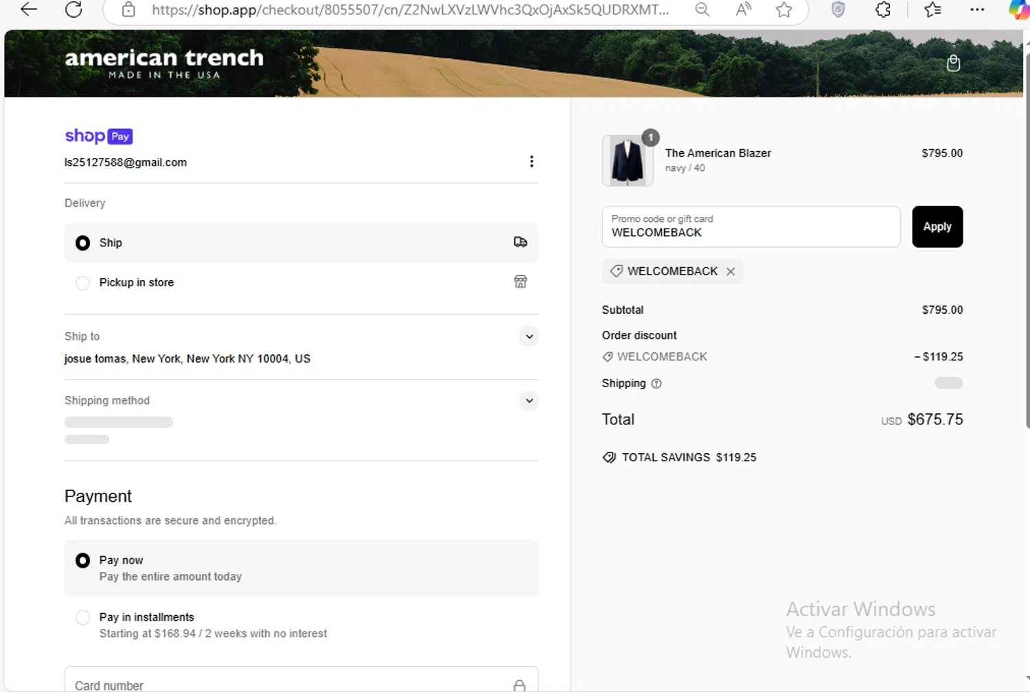 American Trench discount code screenshot showing code WELCOMEBACK applied at American Trench checkout page. Uploaded by SimplyCodes community member Franco20 on Mar 6, 2025