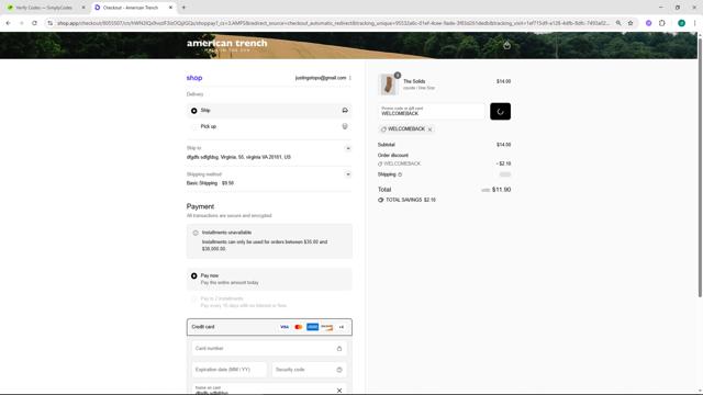 American Trench checkout page showing American Trench discount code box | Screenshot taken by SimplyCodes community member on Sep 9, 2025