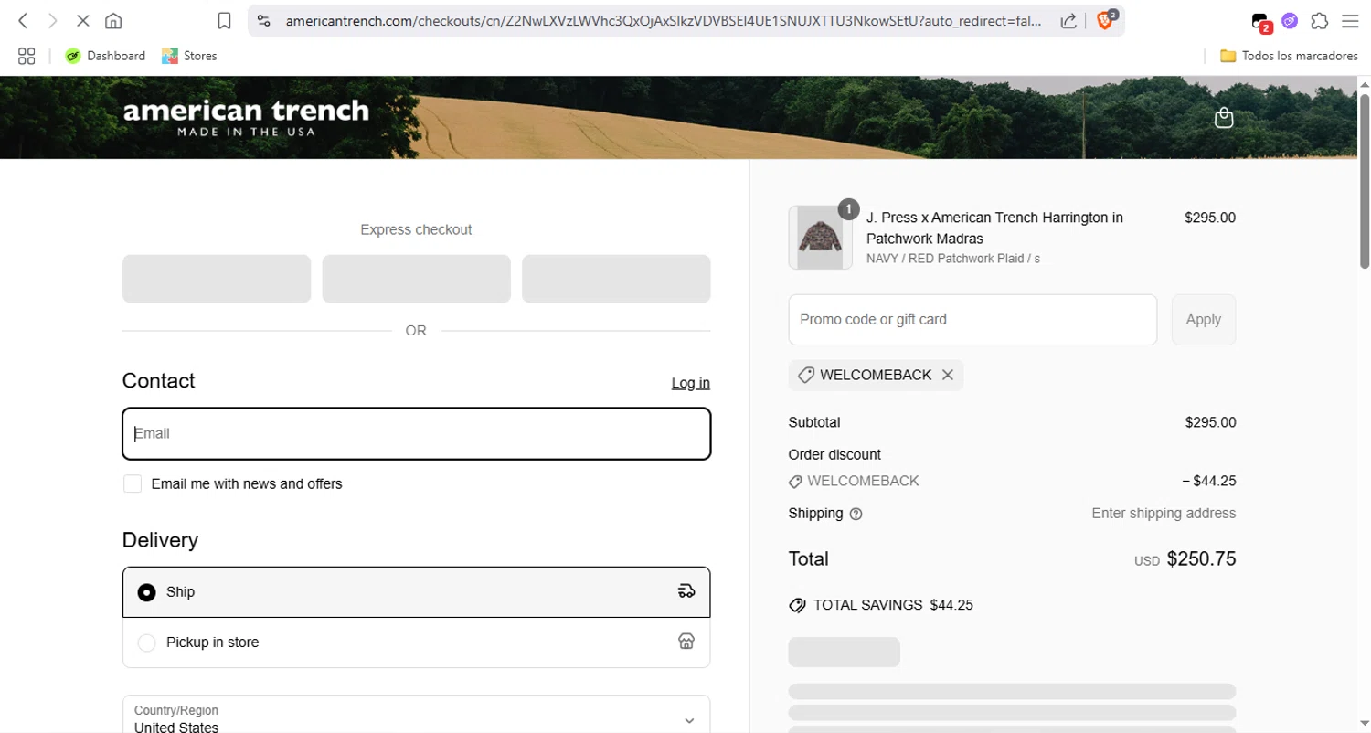 American Trench discount code screenshot showing code WELCOMEBACK applied at American Trench checkout page. Uploaded by SimplyCodes community member LegendaryTitan9160 on Jun 19, 2025