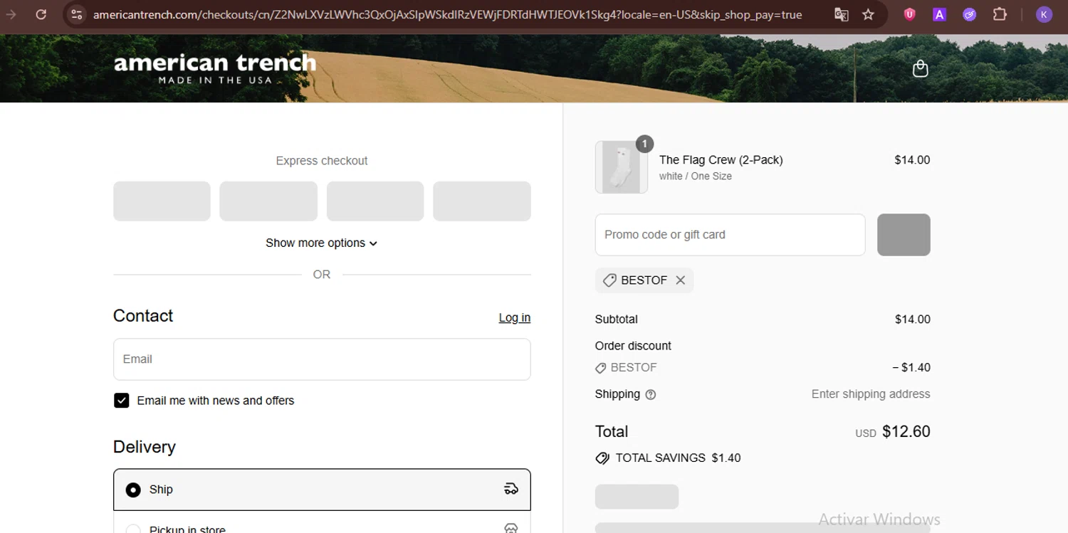 American Trench discount code screenshot showing code BESTOF applied at American Trench checkout page. Uploaded by SimplyCodes community member FortunateDefender3676 on Jul 11, 2025