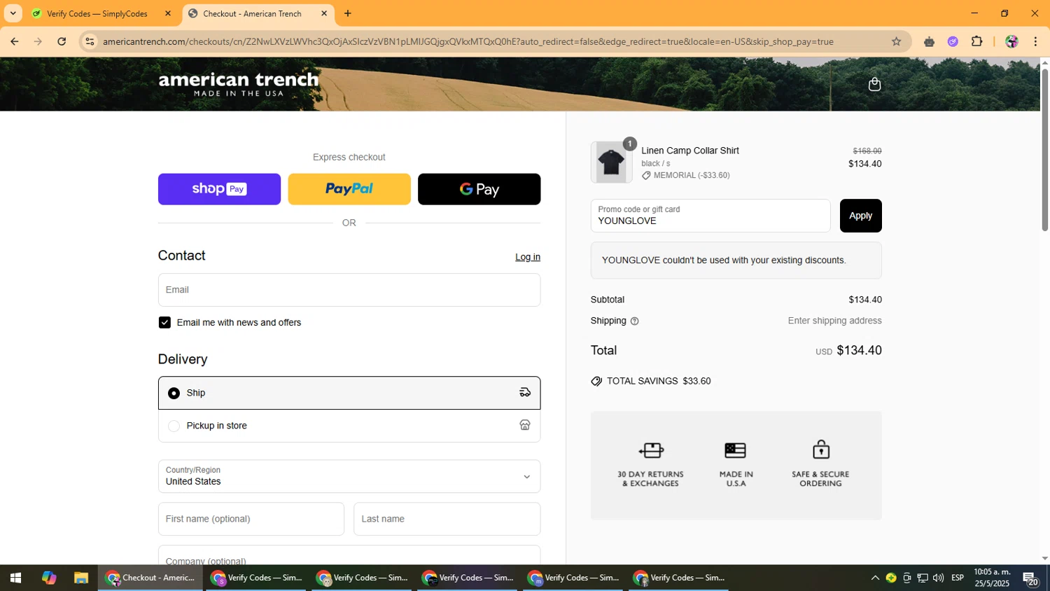 American Trench discount code screenshot showing code YOUNGLOVE applied at American Trench checkout page. Uploaded by SimplyCodes community member Vanmanuel on May 25, 2025