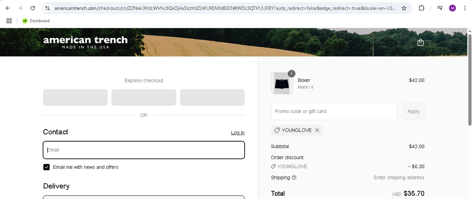 American Trench discount code screenshot showing code YOUNGLOVE applied at American Trench checkout page. Uploaded by SimplyCodes community member monicacaraballo on May 25, 2025