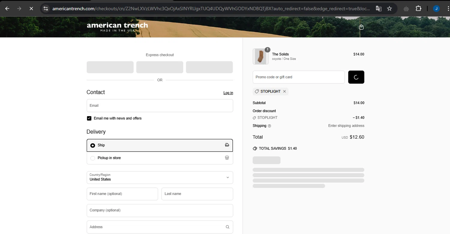 American Trench discount code screenshot showing code STOPLIGHT applied at American Trench checkout page. Uploaded by SimplyCodes community member LegendarySage5106 on Apr 28, 2025