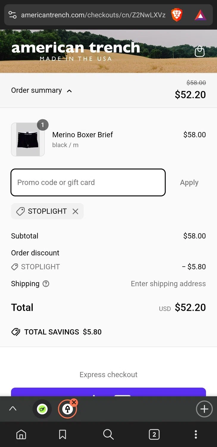 American Trench discount code screenshot showing code STOPLIGHT applied at American Trench checkout page. Uploaded by SimplyCodes community member xxdddd on Mar 19, 2025