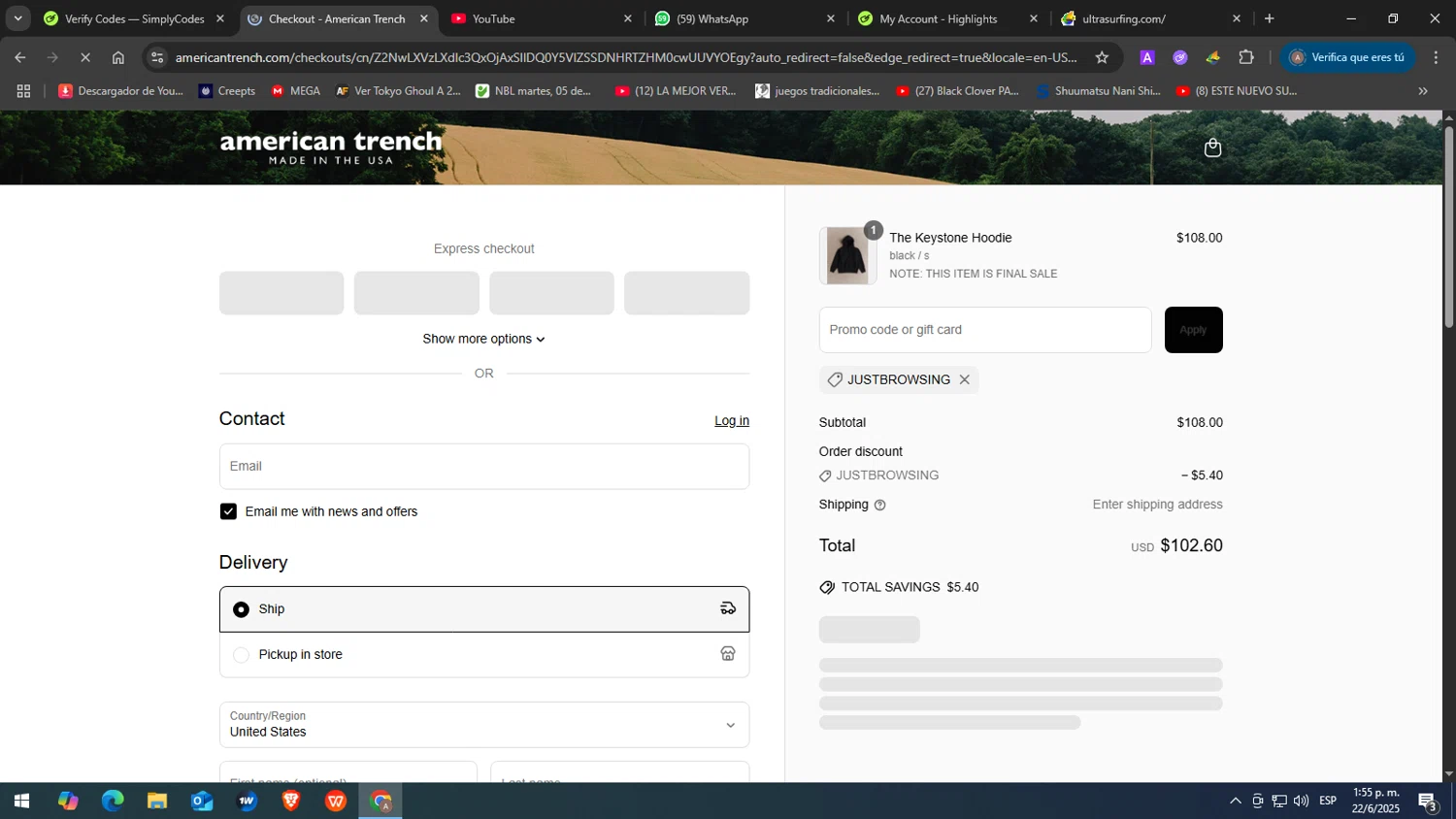 American Trench discount code screenshot showing code JUSTBROWSING applied at American Trench checkout page. Uploaded by SimplyCodes community member JuanChi on Jun 22, 2025