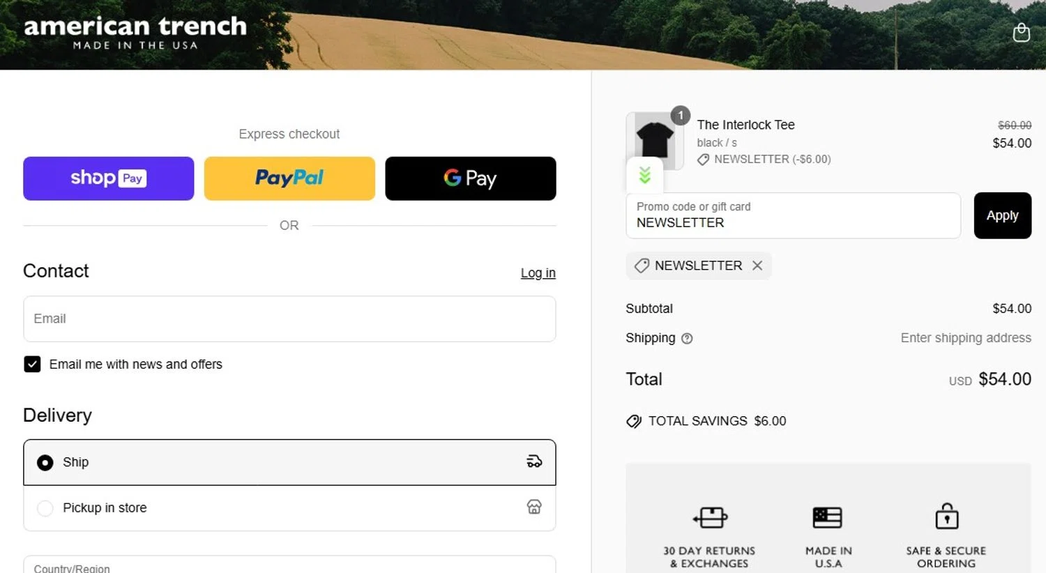 American Trench discount code screenshot showing code NEWSLETTER applied at American Trench checkout page. Uploaded by SimplyCodes community member Diegodelavega on Mar 26, 2025