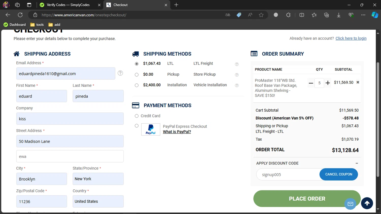 American Van Equipment checkout page showing American Van Equipment promo code box | Screenshot taken by SimplyCodes community member on Aug 10, 2024