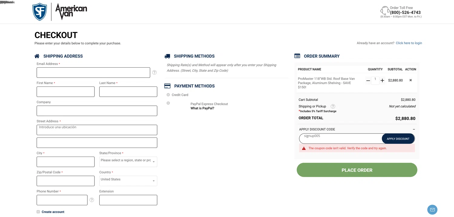 American Van Equipment promo code screenshot showing code signup005 applied at American Van Equipment checkout page. Uploaded by SimplyCodes community member TreasureKnight4134 on Apr 10, 2025