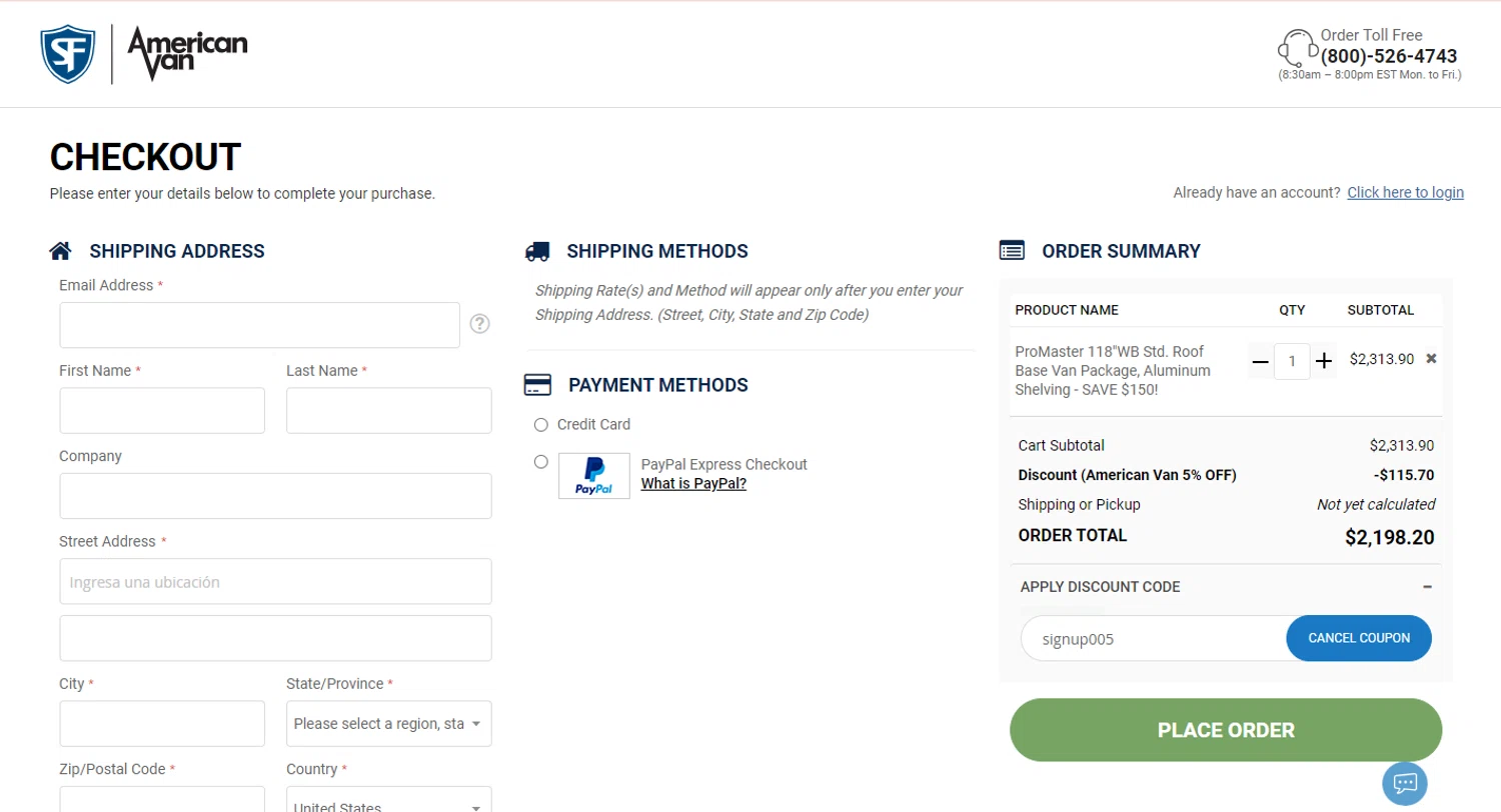 American Van Equipment checkout page showing American Van Equipment promo code box | Screenshot taken by SimplyCodes community member on Aug 28, 2024