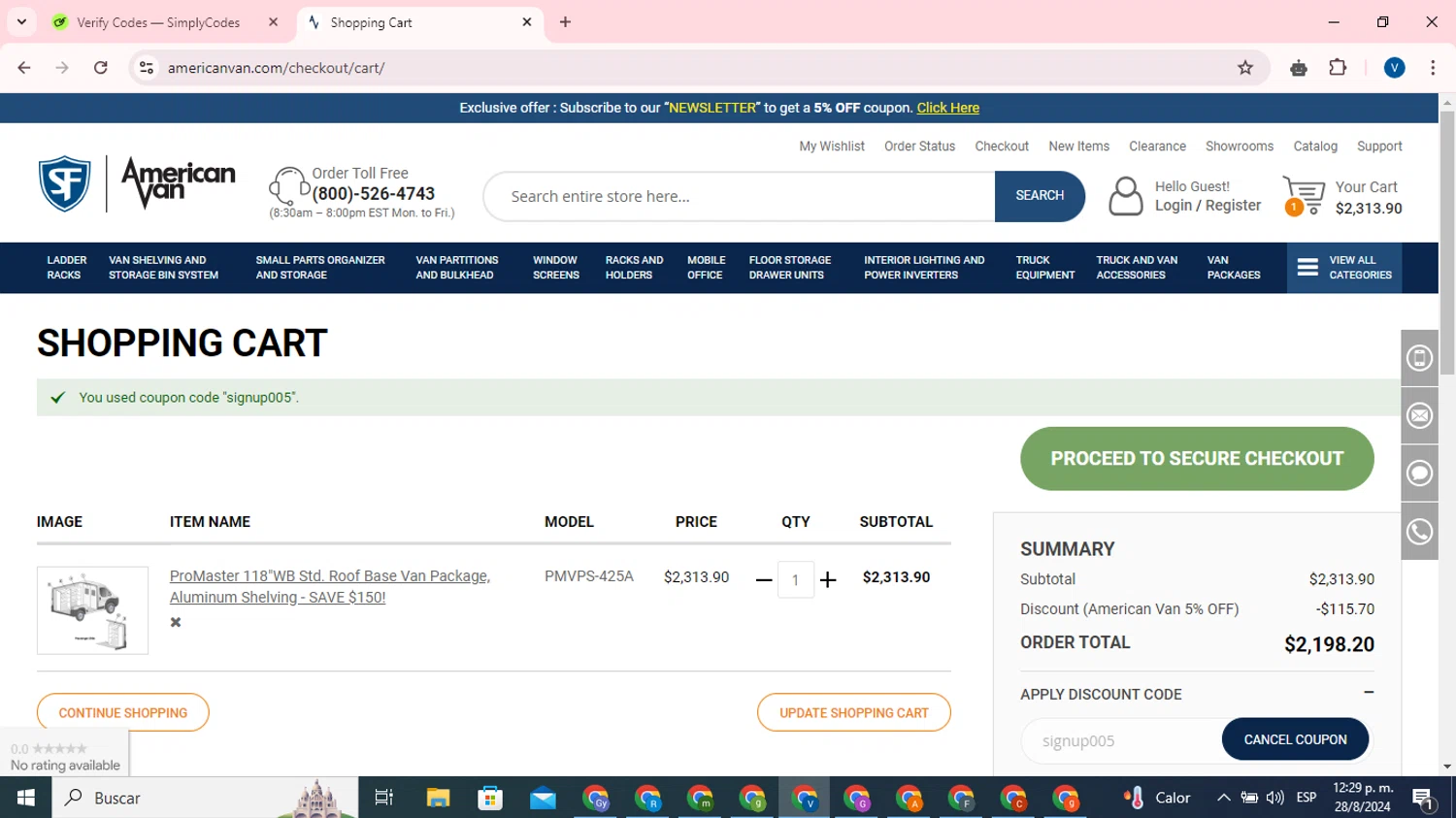 American Van Equipment checkout page showing American Van Equipment promo code box | Screenshot taken by SimplyCodes community member on Aug 28, 2024
