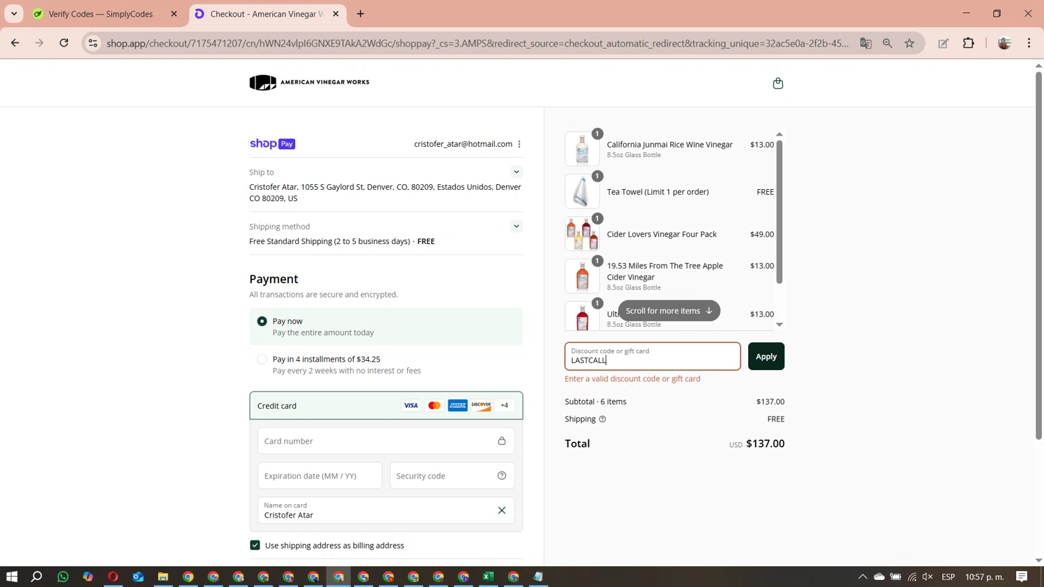 American Vinegar Works promo code screenshot showing code LASTCALL applied at American Vinegar Works checkout page. Uploaded by SimplyCodes community member MariAPB on Aug 22, 2025