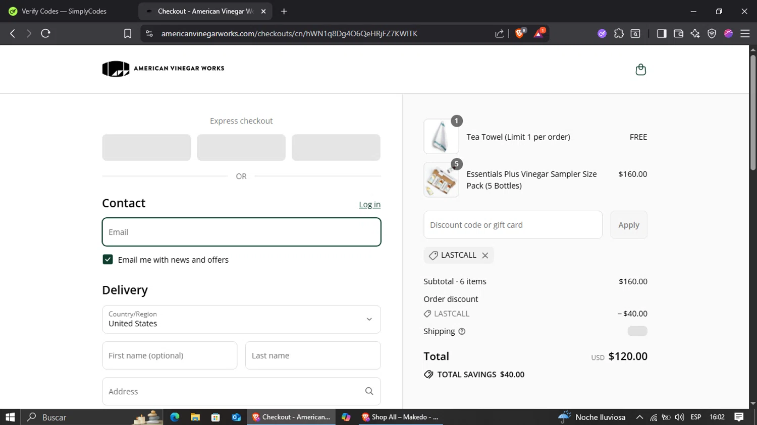 American Vinegar Works checkout page showing American Vinegar Works promo code box | Screenshot taken by SimplyCodes community member on Aug 15, 2025