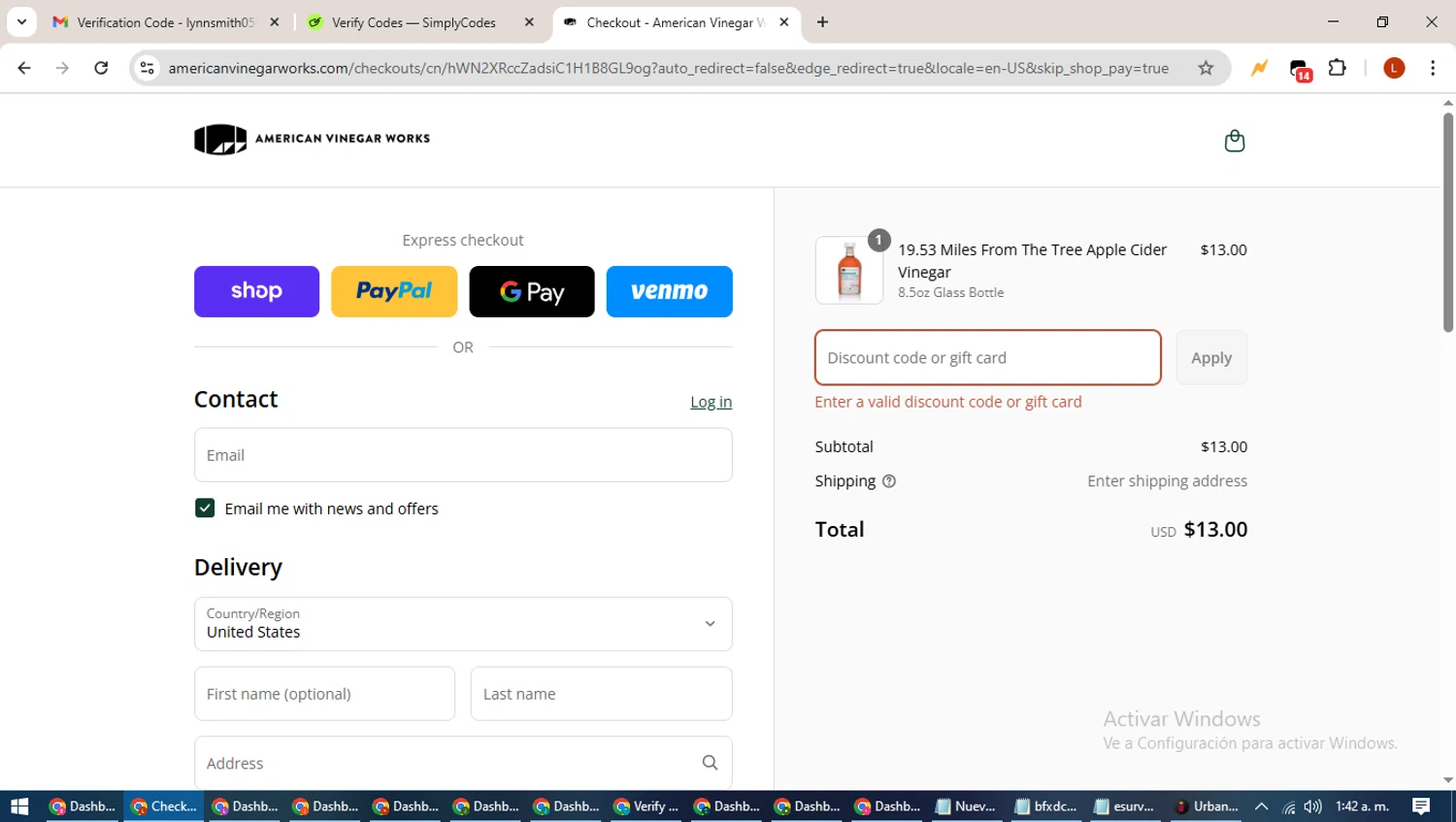 American Vinegar Works promo code screenshot showing code TASTETEST15 applied at American Vinegar Works checkout page. Uploaded by SimplyCodes community member BonusHero9692 on Sep 3, 2025