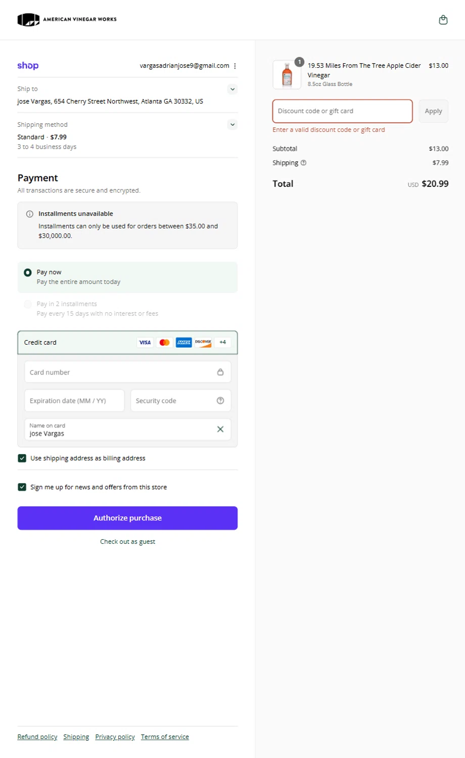 American Vinegar Works promo code screenshot showing code TASTETEST15 applied at American Vinegar Works checkout page. Uploaded by SimplyCodes community member Rossimar on Sep 3, 2025