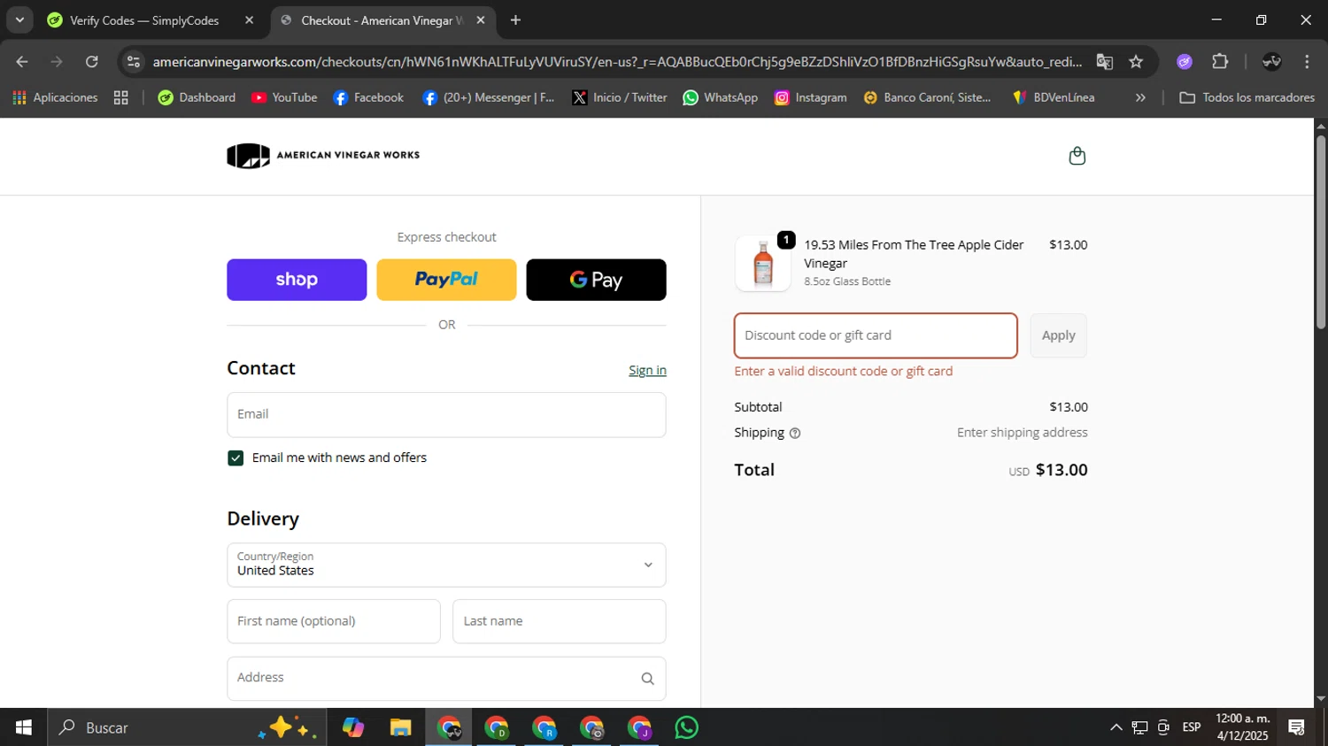 American Vinegar Works promo code screenshot showing code BFOVER$100 applied at American Vinegar Works checkout page. Uploaded by SimplyCodes community member Ricardobr06 on Dec 4, 2025