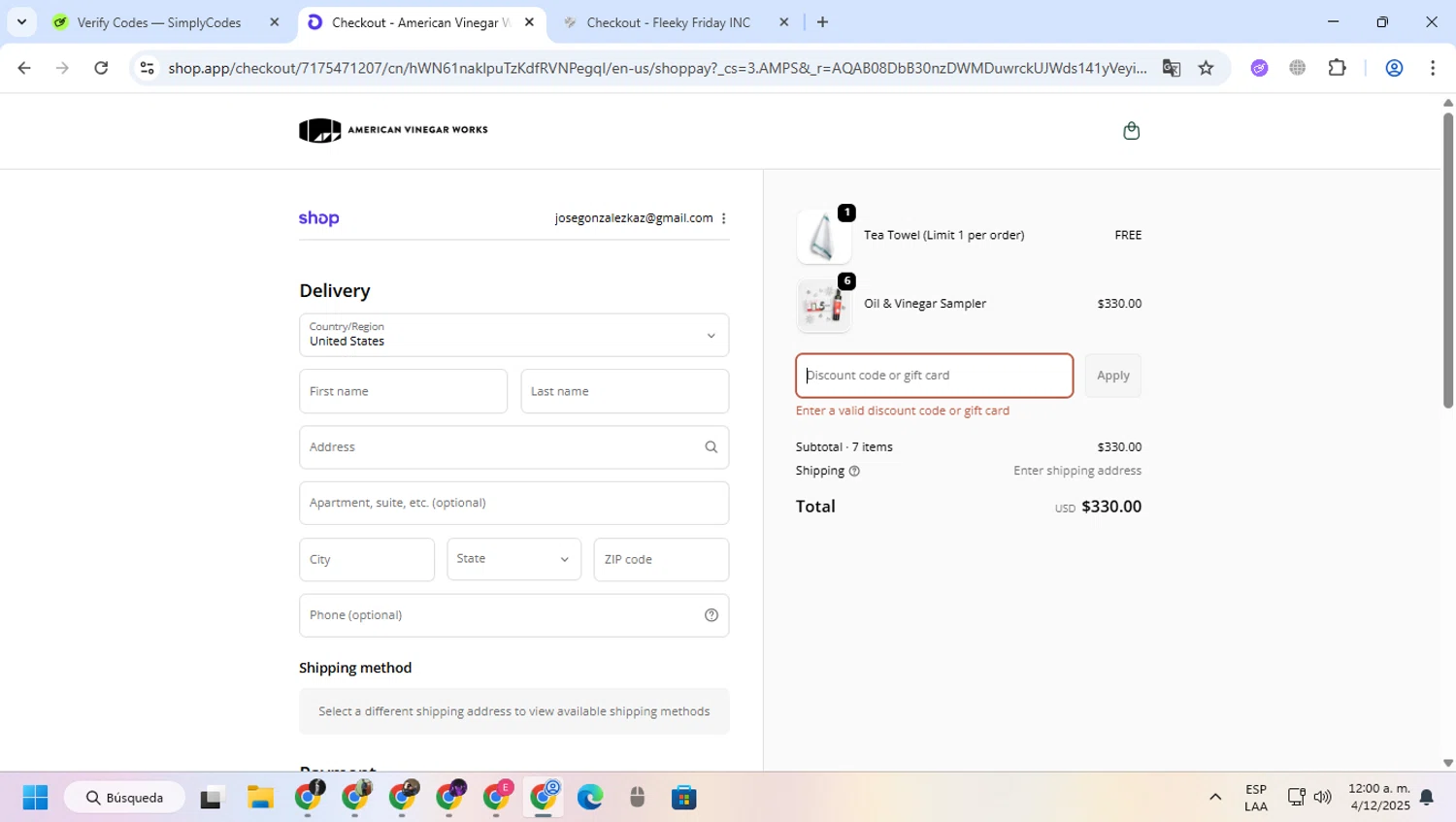 American Vinegar Works promo code screenshot showing code BFOVER$100 applied at American Vinegar Works checkout page. Uploaded by SimplyCodes community member greulis on Dec 4, 2025