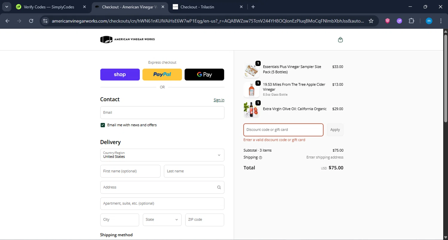 American Vinegar Works promo code screenshot showing code BFUP2$99 applied at American Vinegar Works checkout page. Uploaded by SimplyCodes community member LuckyWarden9122 on Dec 4, 2025