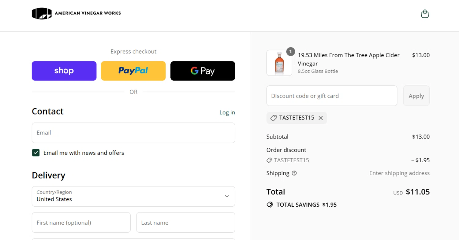 American Vinegar Works promo code screenshot showing code TASTETEST15 applied at American Vinegar Works checkout page. Uploaded by SimplyCodes community member jesspea on Aug 29, 2025