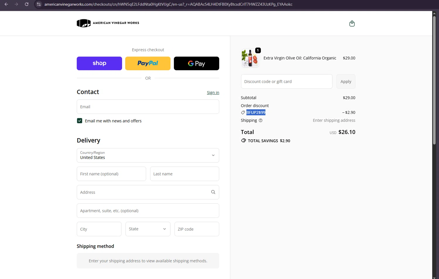 American Vinegar Works promo code screenshot showing code BFUP2$99 applied at American Vinegar Works checkout page. Uploaded by SimplyCodes community member suppahdealz on Nov 29, 2025