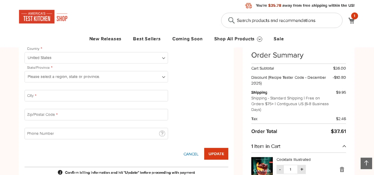 America's Test Kitchen promo code screenshot showing code LRUR7 applied at America's Test Kitchen checkout page. Uploaded by SimplyCodes community member shark12 on Dec 27, 2025