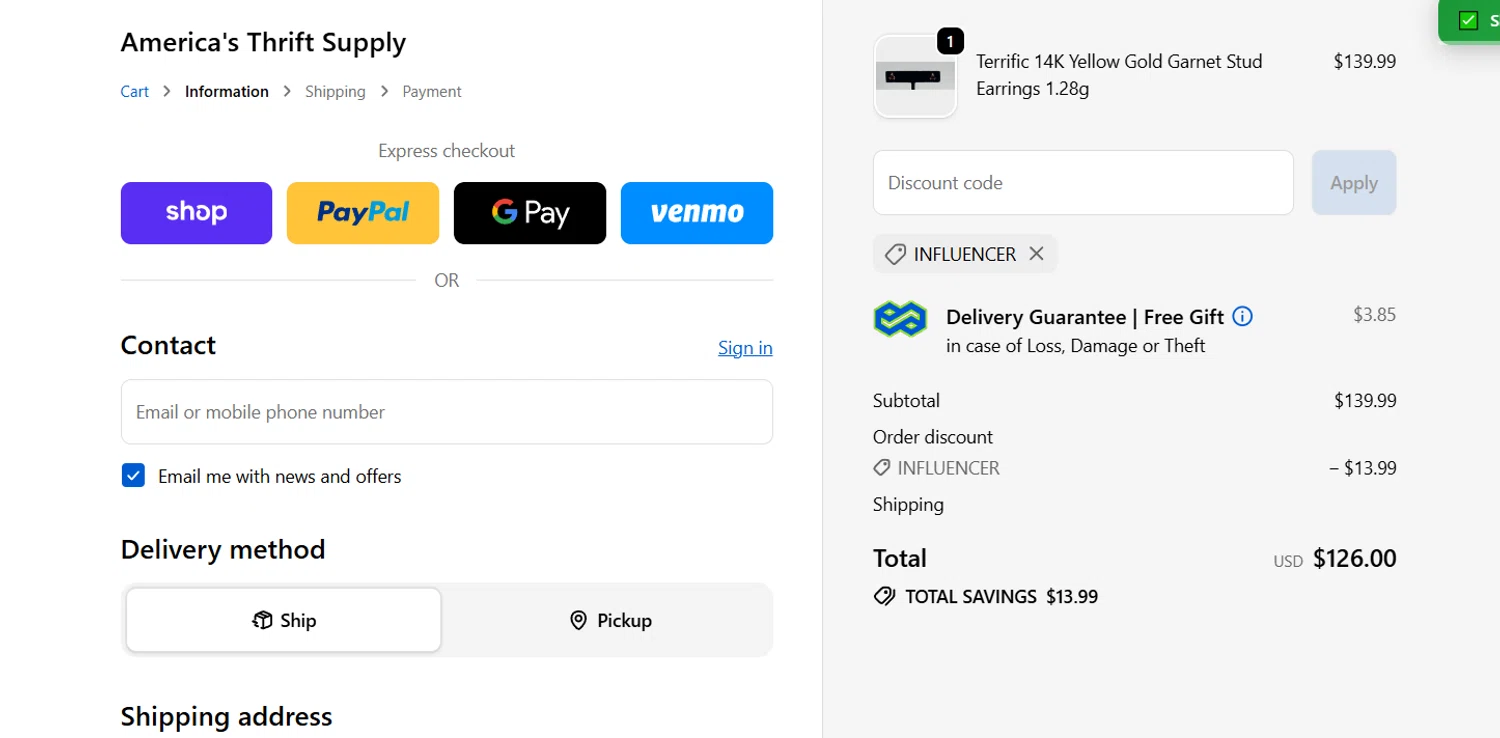 America's Thrift Supply promo code screenshot showing code INFLUENCER applied at America's Thrift Supply checkout page. Uploaded by SimplyCodes community member CRYSTALSUICINE on Apr 2, 2026