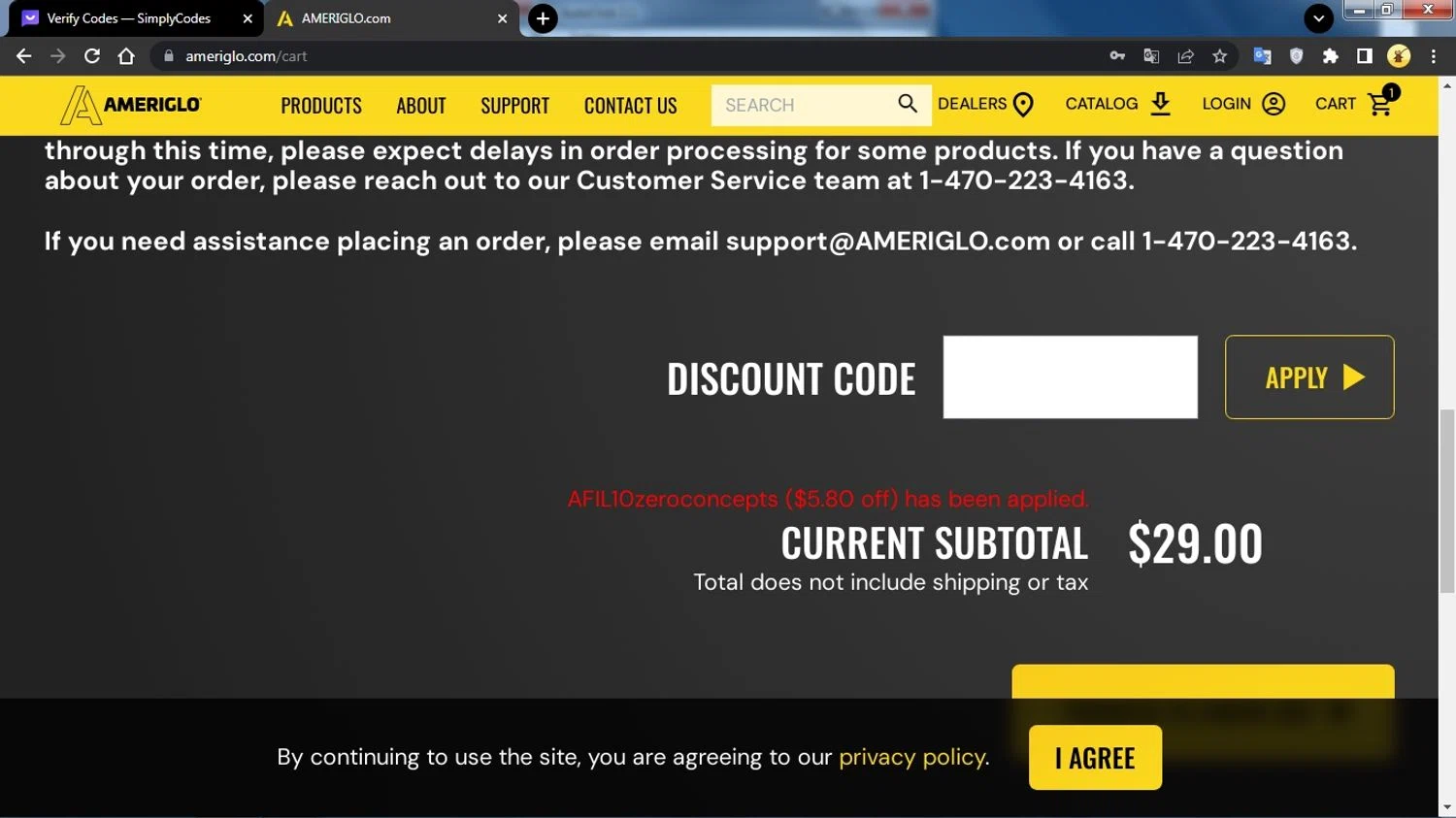 AmeriGlo checkout page showing AmeriGlo discount code box | Screenshot taken by SimplyCodes community member on Jan 31, 2024