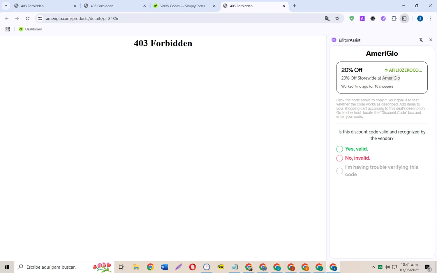 AmeriGlo discount code screenshot showing code AFIL10ZEROCONCEPTS applied at AmeriGlo checkout page. Uploaded by SimplyCodes community member CleverOwl2485 on May 3, 2025