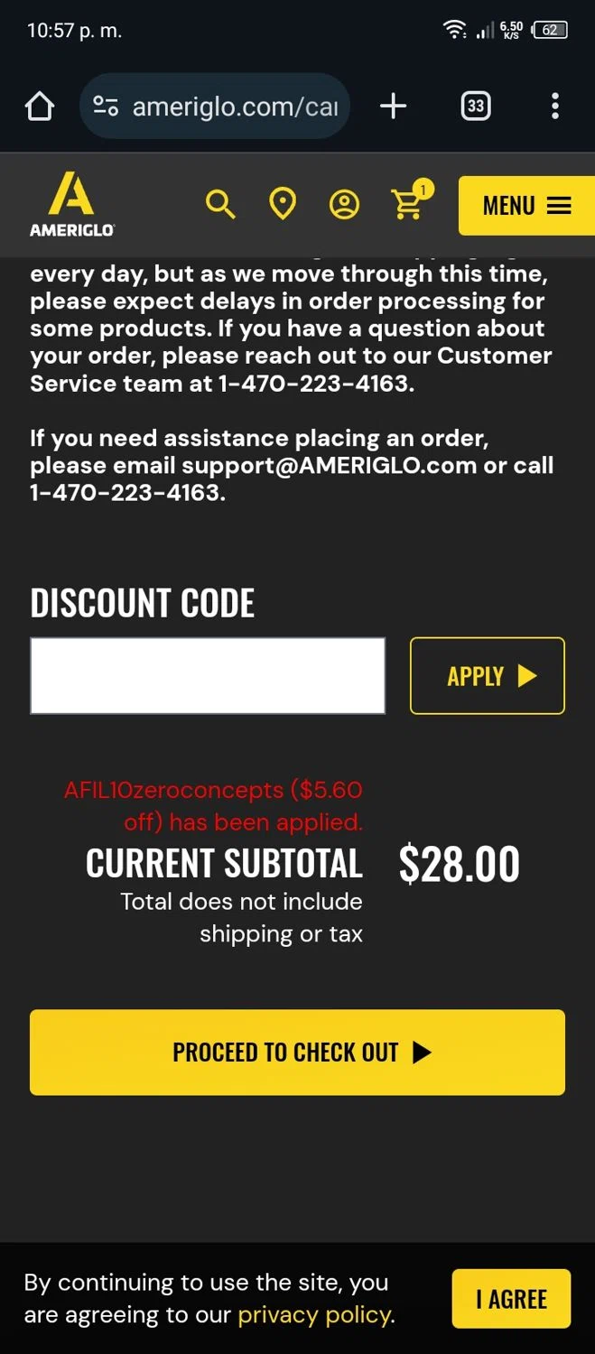 AmeriGlo checkout page showing AmeriGlo discount code box | Screenshot taken by SimplyCodes community member on Jan 2, 2024